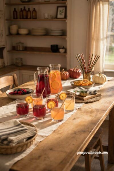 Halloween drink station with fruit punch sparkling drinks orange slices berries and rosemary