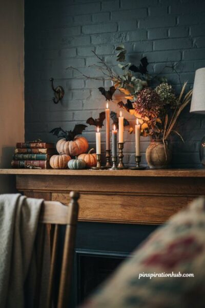 Halloween fireplace mantel with perched bats pumpkins and candles