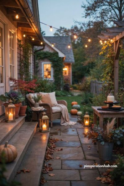 Halloween house party backyard porch with pumpkins and warm lights