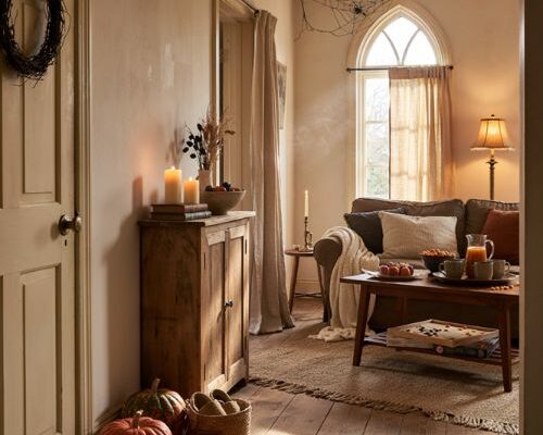 Halloween house party ideas with cozy spooky decor pumpkins candles and party snacks