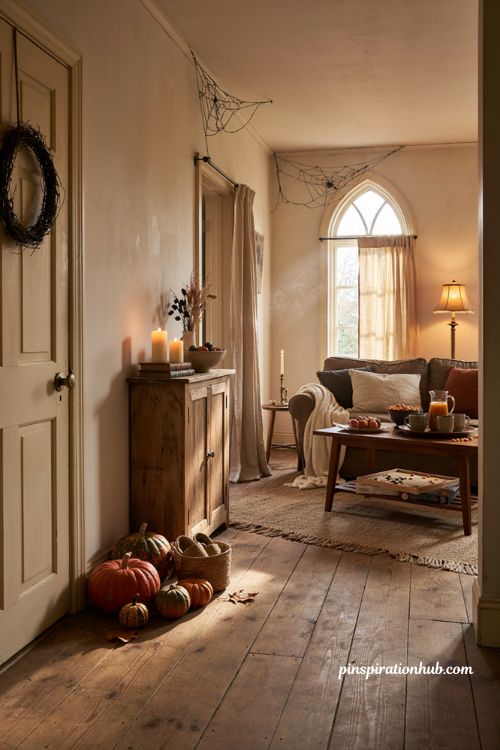 Halloween house party ideas with cozy spooky decor pumpkins candles and party snacks