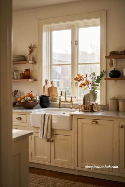 Halloween house party kitchen decor with pumpkins and black dishes