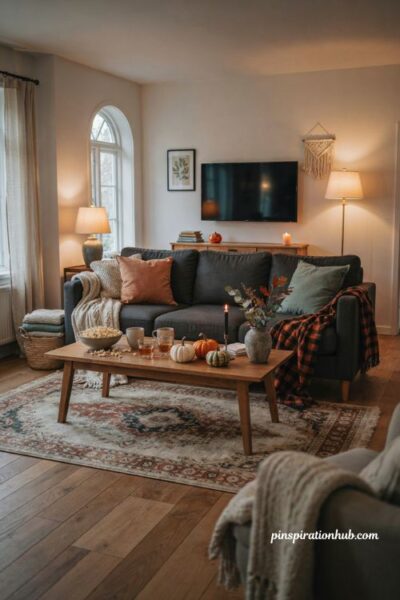Halloween house party movie corner with cozy pillows and blankets