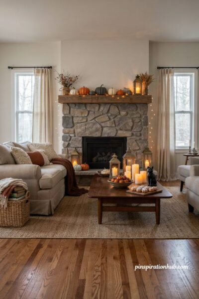 Halloween house party with cozy warm lighting and candles