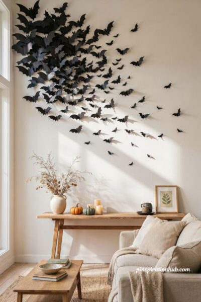Halloween house party with paper bats flying across the wall