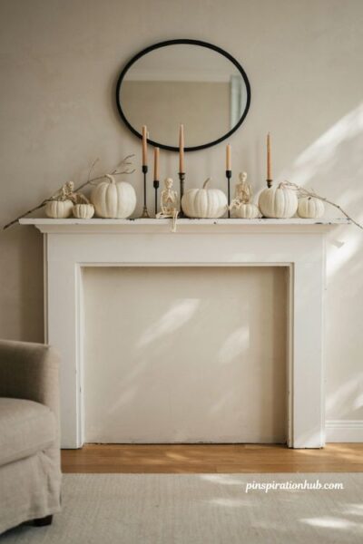 Straight-on three-quarter eye-level editorial interior photograph of a bright and airy living room centered around a large antique vintage-style mirror above the fireplace mantel, the aged mirror serving as the main focal point with a softly distressed dark wood frame partially wrapped with delicate black netting that looks naturally gathered and forgotten in an old attic, varied-height matte black candlesticks arranged symmetrically but not perfectly on both sides of the mirror, warm ivory taper candles creating subtle reflections across the glass, a rich low arrangement of deep burgundy and plum-colored dark florals spread across the mantel beneath the mirror, a few understated dried branches and aged brass accents adding texture and depth, classic European Gothic style blended with refined traditional interiors, palette of charcoal black, antique brown, deep burgundy, muted plum, warm ivory, aged brass, and soft beige, realistic distressed wood, slightly tarnished metal, delicate netting fibers, natural floral textures, and gently imperfect antique surfaces that feel collected over decades rather than newly purchased, soft natural daylight entering through nearby windows with warm candlelight beginning to glow and reflect in the mirror, atmospheric transition from peaceful daytime to mysterious evening, rich layered shadows and warm reflections making the fireplace feel like the emotional center of the room, sophisticated Halloween drama with old-world charm rather than theatrical decoration, no people, no text, no watermarks, no blur, no bokeh, all surfaces in sharp focus, photorealistic, 4K resolution, editorial interior photography, Pinterest-worthy