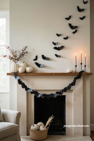 Halloween mantle ideas with black bat garland and swooping bat cutouts