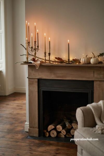 Halloween mantle ideas with candlelight and warm fairy lights