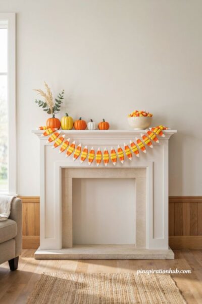 Halloween mantle ideas with candy corn garland and colorful pumpkins