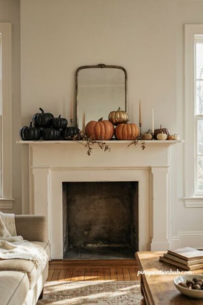Halloween mantle ideas with clustered black orange and gold pumpkins