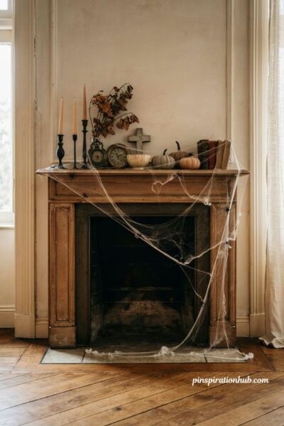 Halloween mantle ideas with draped cobweb netting and plastic spiders