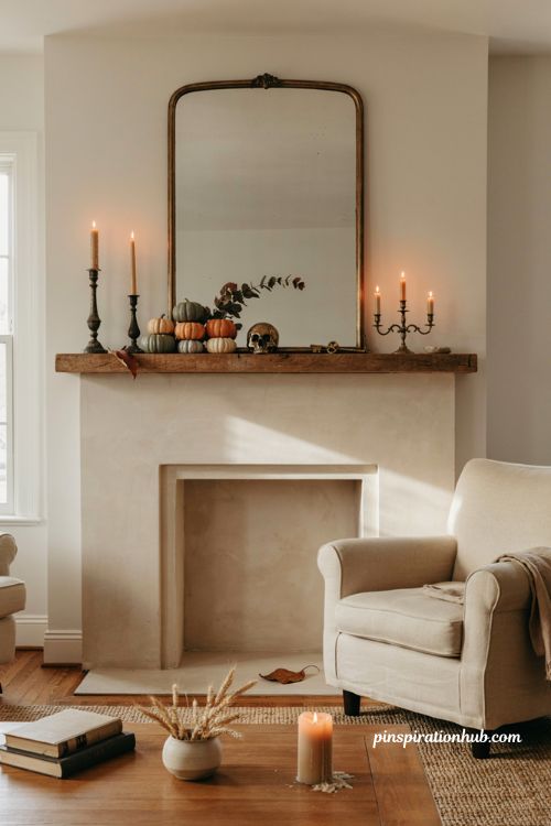 Halloween mantle ideas with pumpkins candles and cozy autumn fireplace decor