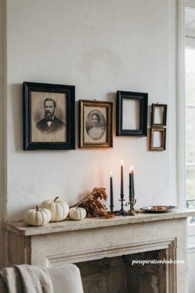 Halloween mantle ideas with vintage black frames and sepia portraits