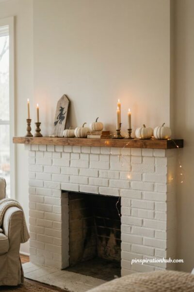 Halloween mantle ideas with vintage black frames and sepia portraits