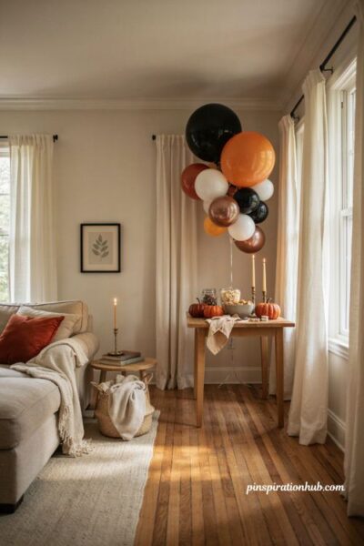 Halloween party decor with black orange white and metallic balloons behind a snack table