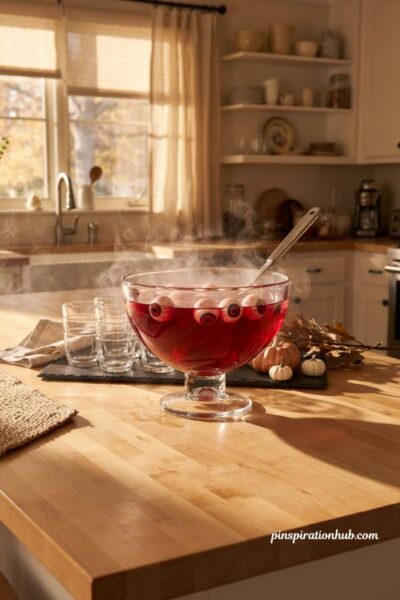 Halloween punch bowl with floating eyeballs and red punch