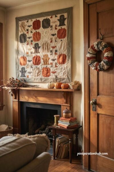 Halloween quilt wall hanging with pumpkin blocks and fabric wreath