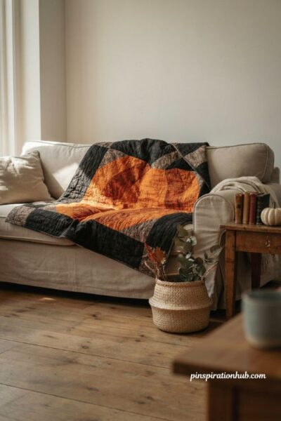 Halloween quilt with a large pumpkin motif and cozy dark background