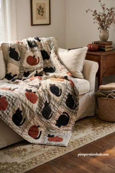 Halloween quilt with black cats pumpkins and cream plaid patchwork