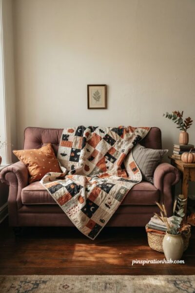 Halloween quilt with cozy handmade patchwork and autumn living room decor