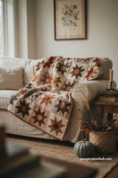 Halloween quilt with hidden pumpkin star blocks and cozy fall decor
