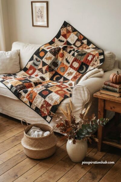 Halloween quilt with nine patch blocks set on point and cozy fall decor