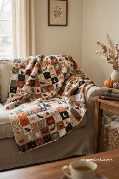 Halloween quilt with scrappy I Spy blocks and playful novelty prints