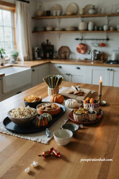 Halloween snack table with popcorn chips cookies candy pumpkins and festive trays