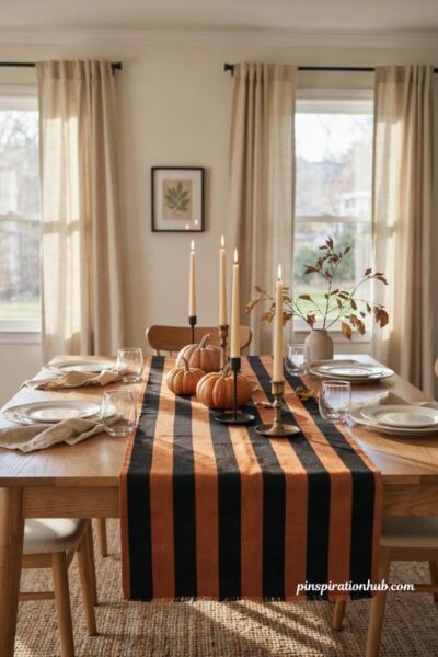 Halloween table runners with classic black and orange stripes candles and pumpkins