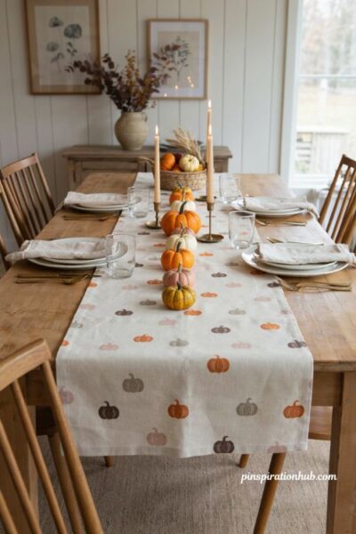 Halloween table runners with muted pumpkin print and mini pumpkins