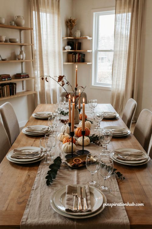 Halloween table runners with pumpkins candles and elegant autumn centerpiece
