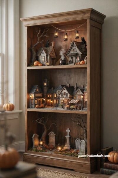Halloween village display ideas for a bookcase with witchy coven downtown square and graveyard