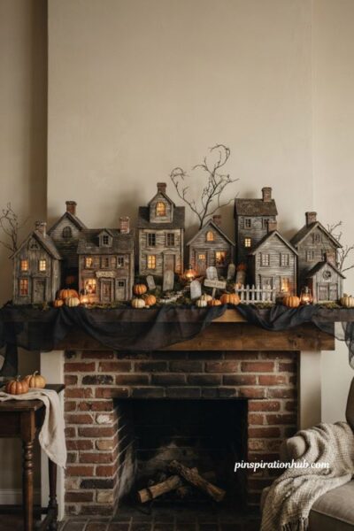 Halloween village display ideas for a fireplace mantel with haunted houses pumpkins and glowing lights