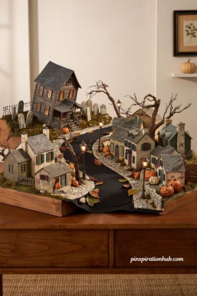 Halloween village display ideas with cobblestone roads winding paths and connected haunted houses
