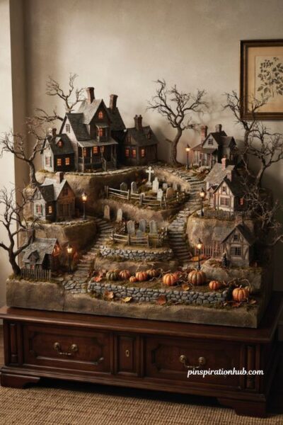 Halloween village display ideas with fences stone walls borders and connected neighborhoods