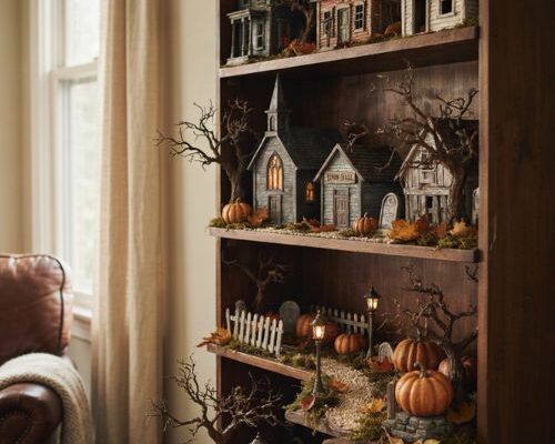 Halloween village display ideas with haunted houses pumpkins glowing windows and layered miniature scenery