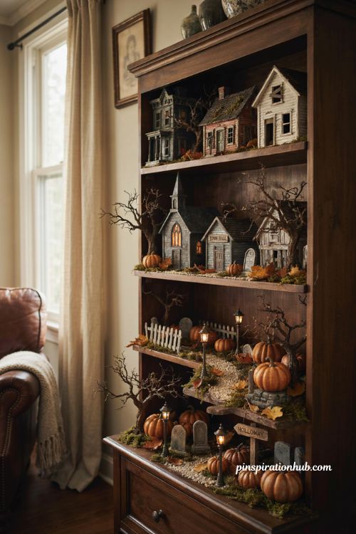 Halloween village display ideas with haunted houses pumpkins glowing windows and layered miniature scenery