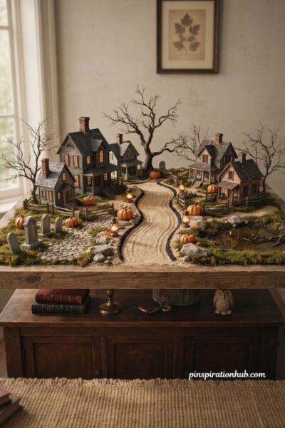 Halloween village display ideas with mixed ground cover moss sand stone dust and realistic textures