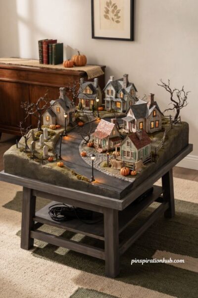 Halloween village display ideas with raised base hidden cords and polished miniature scenery
