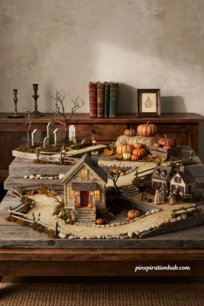 Halloween village display ideas with spooky story scenes pumpkin patches cemeteries and haunted porches