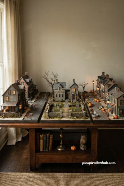 Halloween village display ideas with themed neighborhoods grouped houses roads and detailed landscaping
