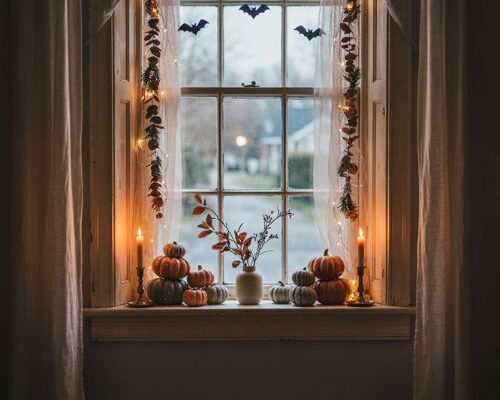 Halloween window display with glowing garland pumpkins and vintage decor