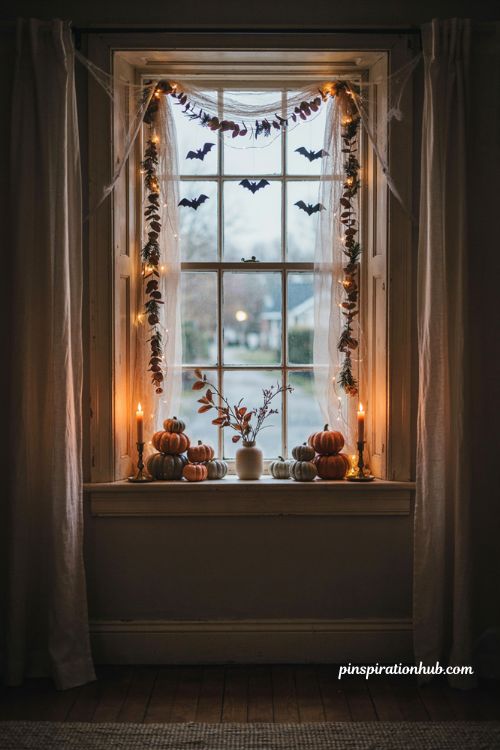 Halloween window display with glowing garland pumpkins and vintage decor