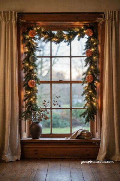 Halloween window display with lighted garland and pumpkins