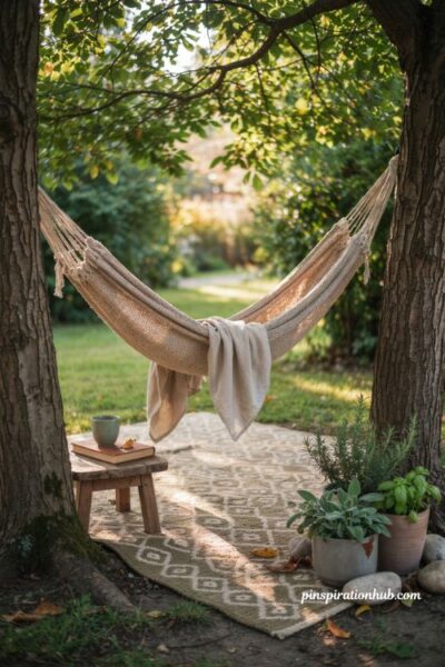 Hammock cozy backyard ideas for quiet relaxation in a shaded garden