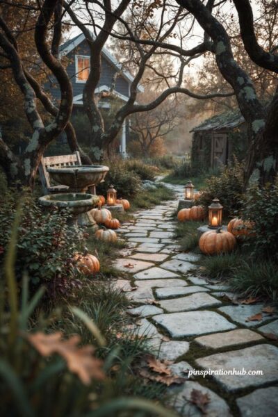 Haunted Bloxburg Halloween house garden with twisted trees and lanterns