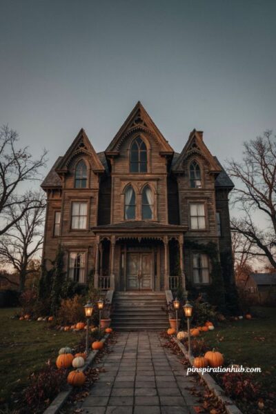 Haunted Bloxburg Halloween house mansion exterior with pumpkins and lanterns