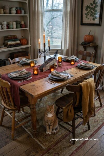 Haunted Halloween dining table centerpiece with skulls and candles