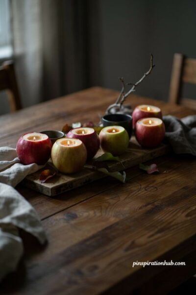 Hollowed apple tea light holders for elegant Halloween table decor