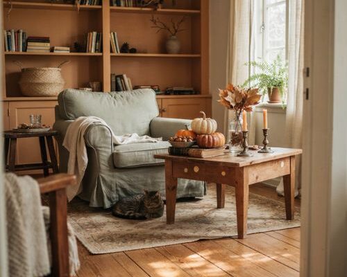 Homemade fall decorations with pumpkins leaves acorns and old books